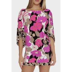 Trina Turk Lynx Floral Leopard Print Stretch Tunic Dress Cover-Up Size Medium